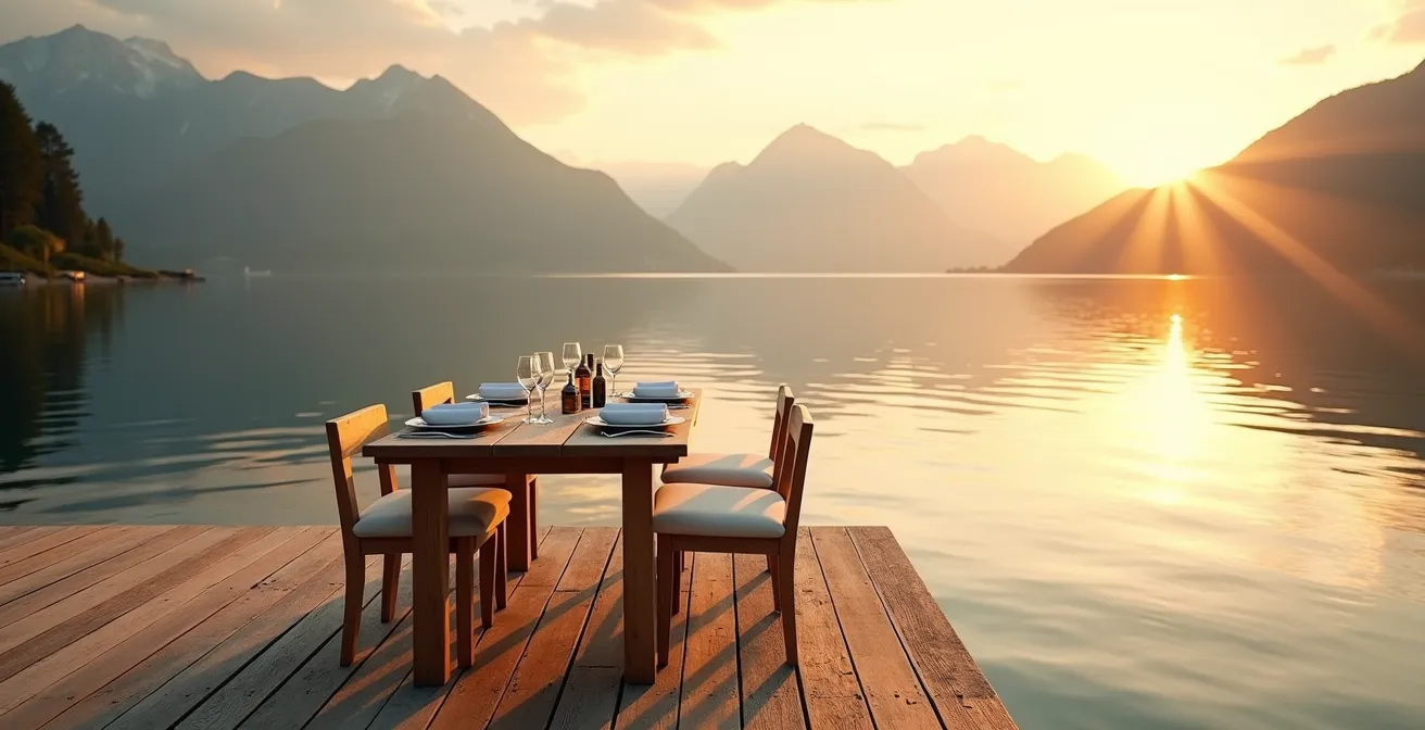 Moment d'intimité sur ponton au coucher de soleil face au lac et aux montagnes alpestres