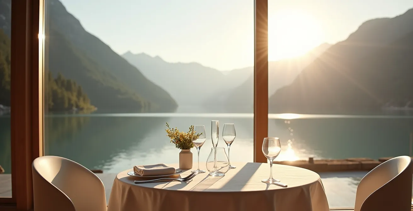 Restaurant gastronomique hôtel luxe avec vue panoramique sur lac et montagne alpestre