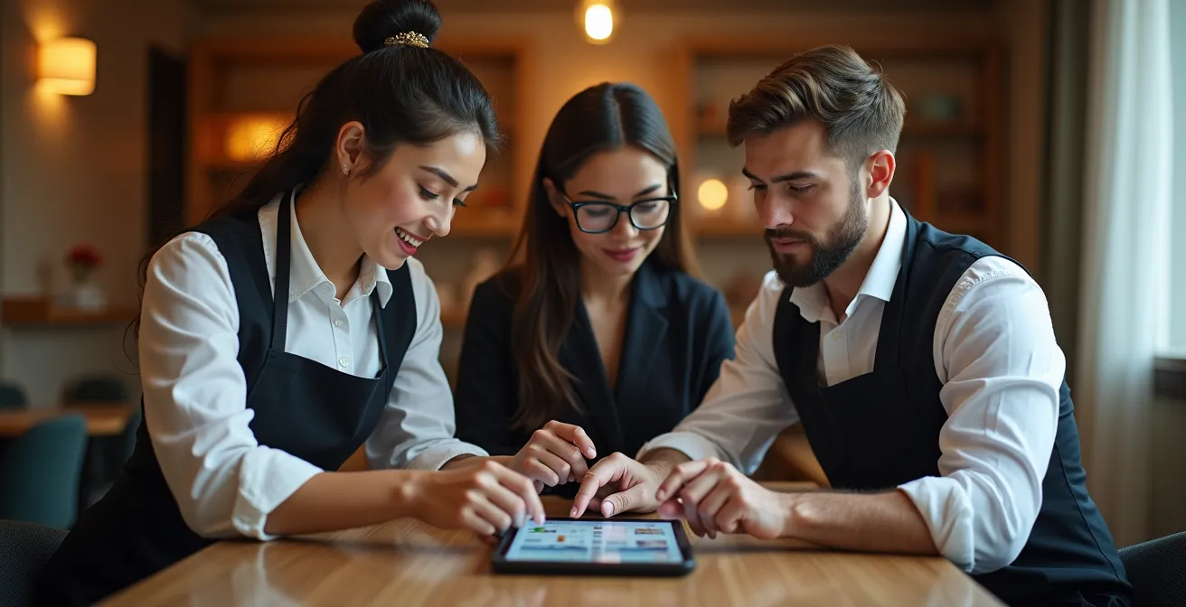 Équipe hôtel réunie autour de données clients partagées, interface CRM visible mais floue