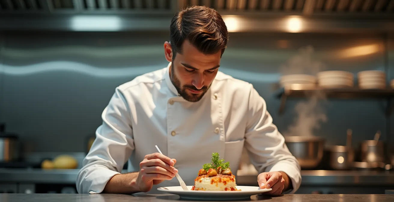 Chef en action préparant un plat raffiné pour un événement privatisé