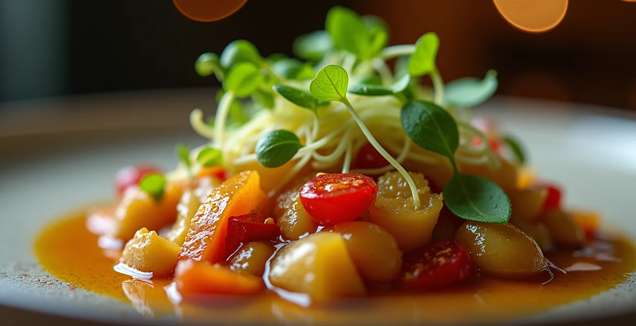 Détail macro d'un plat gastronomique montrant les textures et la finesse des ingrédients