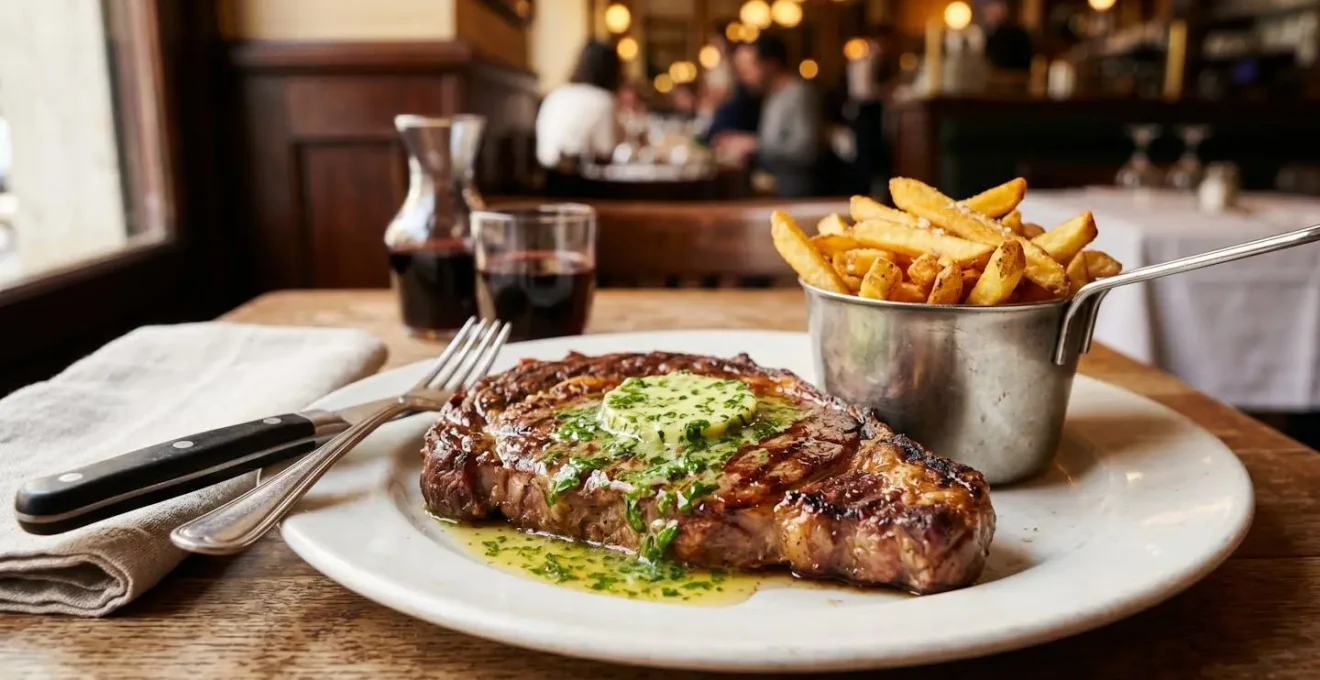 Assiette d'entrecôte grillée recouverte de beurre aux herbes Café de Paris en train de fondre, accompagnée de frites dorées croustillantes dans panier inox