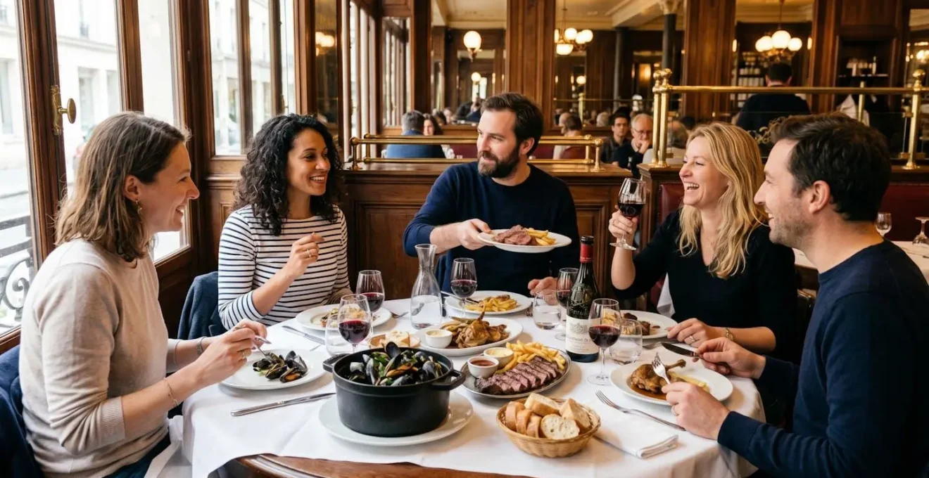 Groupe de convives partageant un repas autour d'une table ronde de brasserie avec plats variés et verres de vin, ambiance chaleureuse et détendue