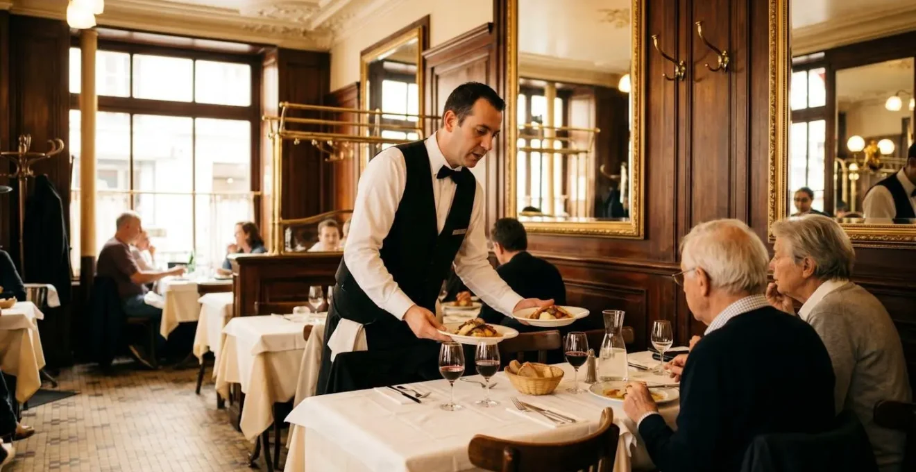 Intérieur de brasserie française traditionnelle avec serveur apportant des plats à une table dressée de nappes blanches, décor Belle Époque en arrière-plan, lumière naturelle chaude