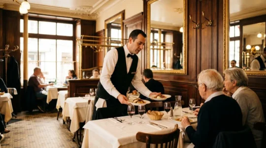 Intérieur de brasserie française traditionnelle avec serveur apportant des plats à une table dressée de nappes blanches, décor Belle Époque en arrière-plan, lumière naturelle chaude