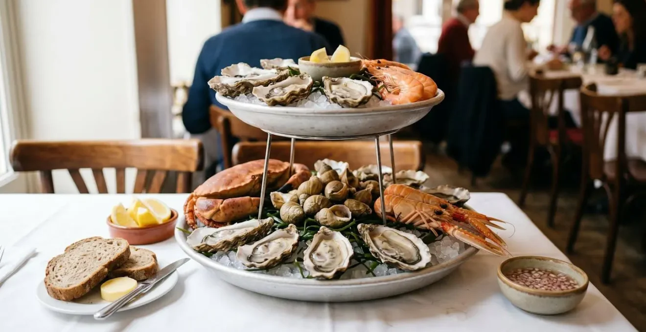 Plateau étagé de fruits de mer frais sur glace pilée avec huîtres, tourteau, langoustines et accompagnements traditionnels servi sur table de brasserie