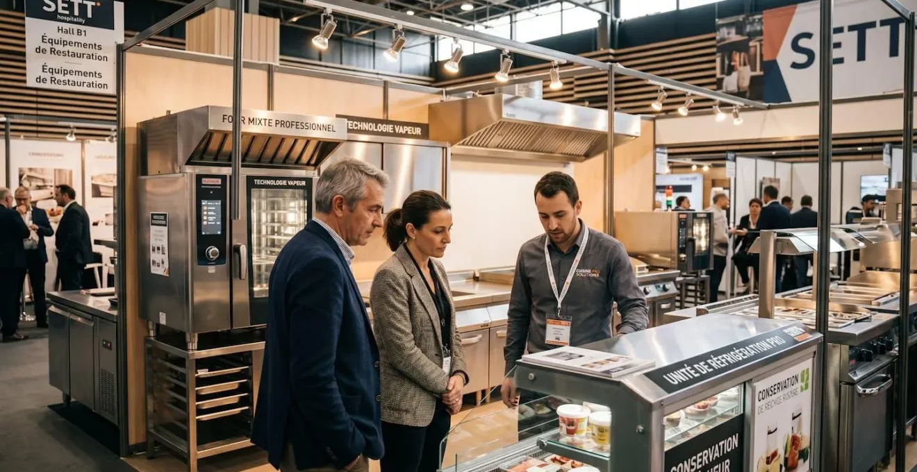Stand d'exposition d'équipements de restauration professionnelle au salon SETT avec visiteurs professionnels examinant une vitrine réfrigérée en présence d'un commercial