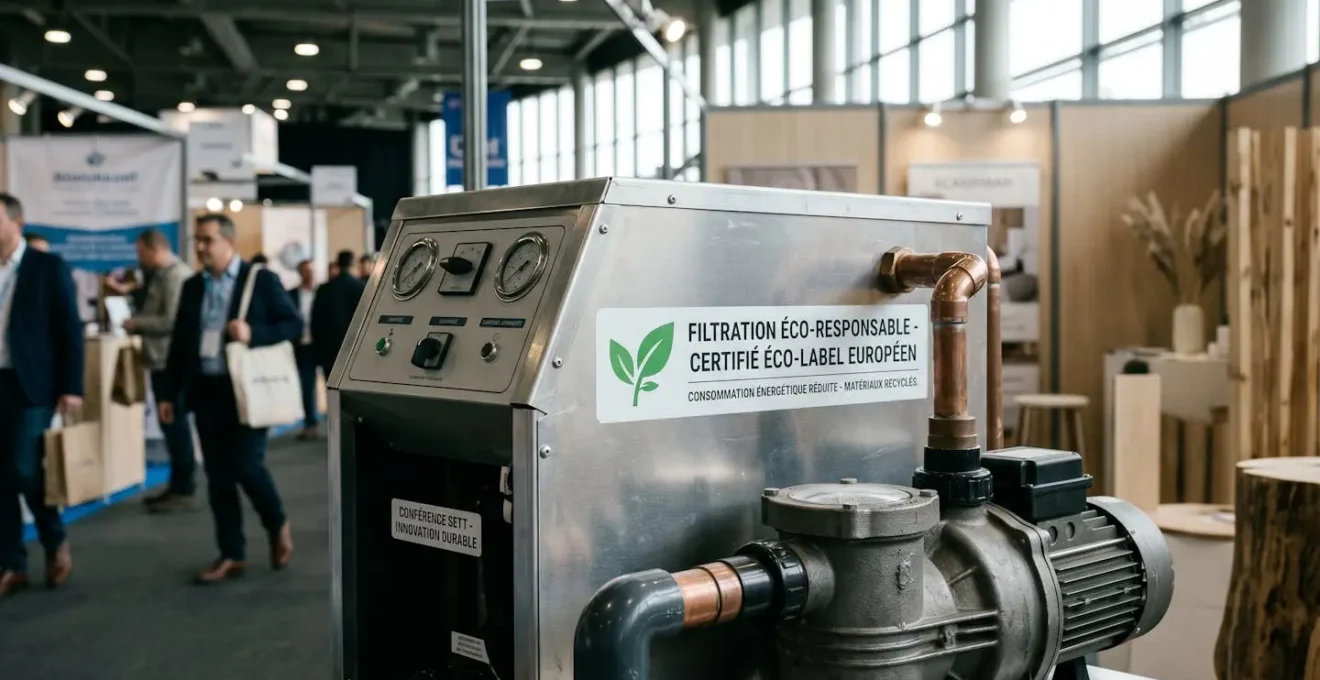 Système de filtration de piscine à faible consommation énergétique exposé au salon SETT avec certification environnementale visible et matériaux durables