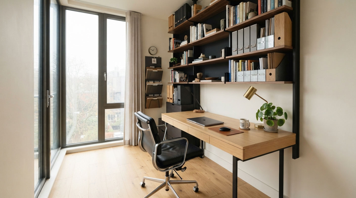 Bureau professionnel compact de 10-12m² avec un poste de travail équipé d'un bureau droit en bois clair, fauteuil ergonomique gris, et rangements verticaux exploitant la hauteur : étagères murales hautes avec classeurs et armoire colonne étroite sur le côté.