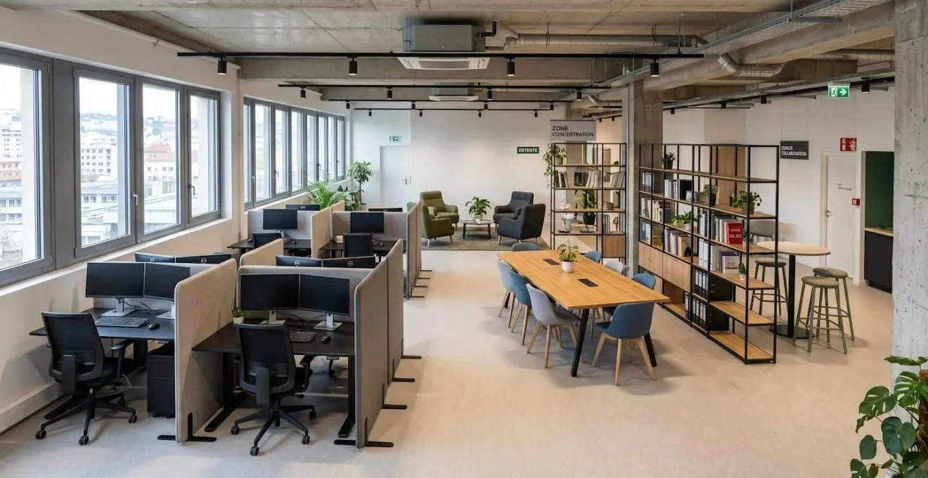 Open space professionnel français de 150-200m² organisé en zones fonctionnelles : zone concentration avec bureaux séparés par panneaux acoustiques verticaux gris, zone collaboration avec grande table délimitée par rangement haut servant de séparateur, et zone détente au fond avec fauteuils.