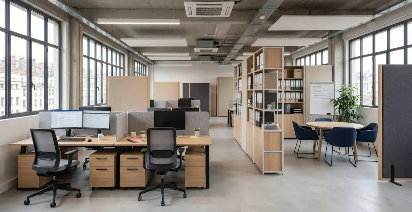 Vue large d'un plateau de bureaux professionnel contemporain français avec plusieurs zones de travail équipées de mobilier varié : bureaux droits avec fauteuils ergonomiques, rangements verticaux, espace collaboration avec table ronde, et séparateurs acoustiques délimitant les zones fonctionnelles.