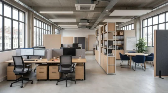 Vue large d'un plateau de bureaux professionnel contemporain français avec plusieurs zones de travail équipées de mobilier varié : bureaux droits avec fauteuils ergonomiques, rangements verticaux, espace collaboration avec table ronde, et séparateurs acoustiques délimitant les zones fonctionnelles.