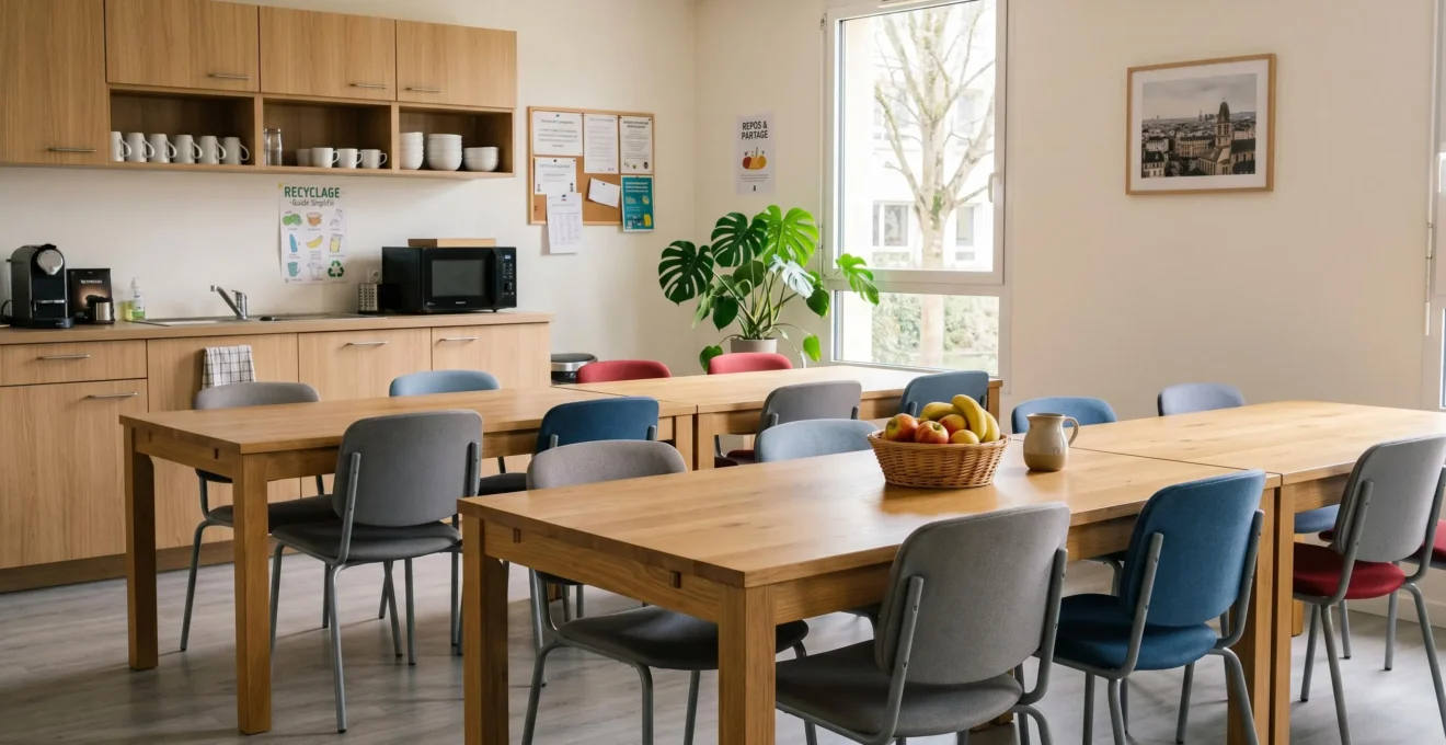 Réfectoire d'entreprise français contemporain de 40-50m² avec 2-3 tables réfectoire rectangulaires en bois clair entourées de chaises empilables confortables colorées, et un espace cuisine collectif équipé sur le côté avec plan de travail, placards, micro-ondes et cafetière.